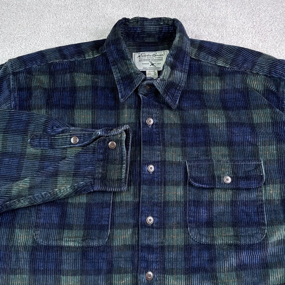 Vintage Eddie Bauer Shirt Mens XL Blue Green Plaid Wide Wale Corduroy Button Up
